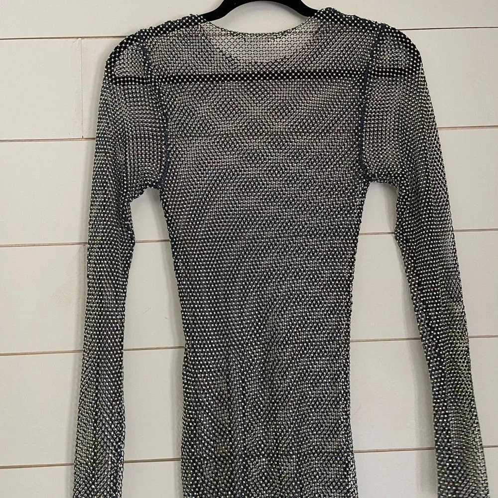 NEW Free People Filter Finish Long Sleeve Netted Rhinestone Top Navy Small